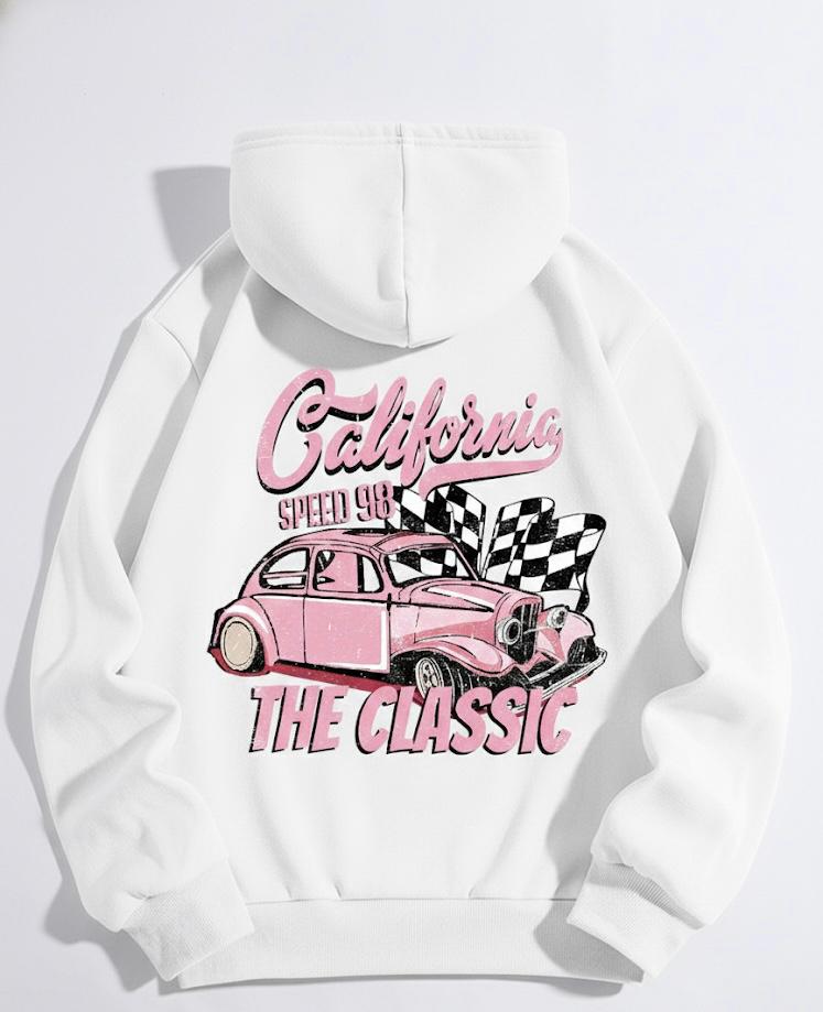 California Classic Retro Car Print White hoodie For Women