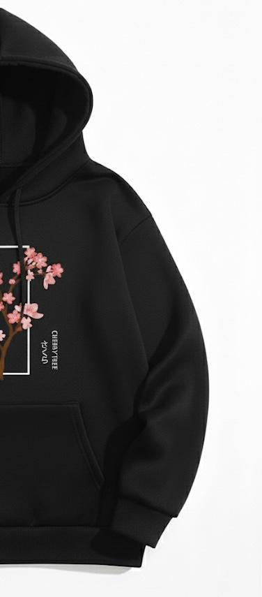 Aesthetic Cherry Tree Print Black Hoodie For Women