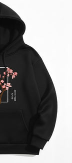 Aesthetic Cherry Tree Print Black Hoodie For Women