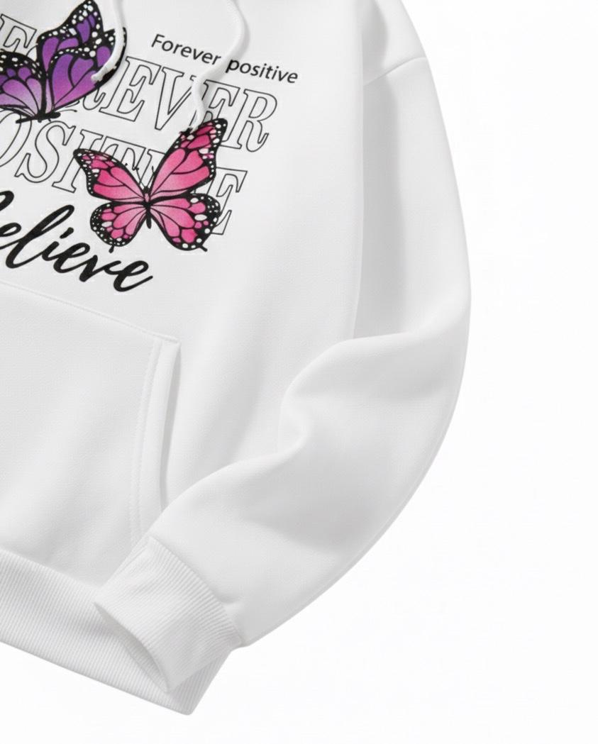 Believe Butterfly Positive Vibes White Hoodie For Women
