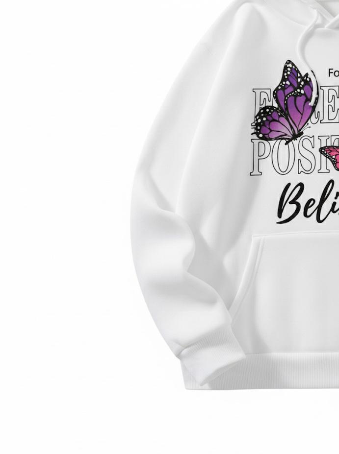 Believe Butterfly Positive Vibes White Hoodie For Women