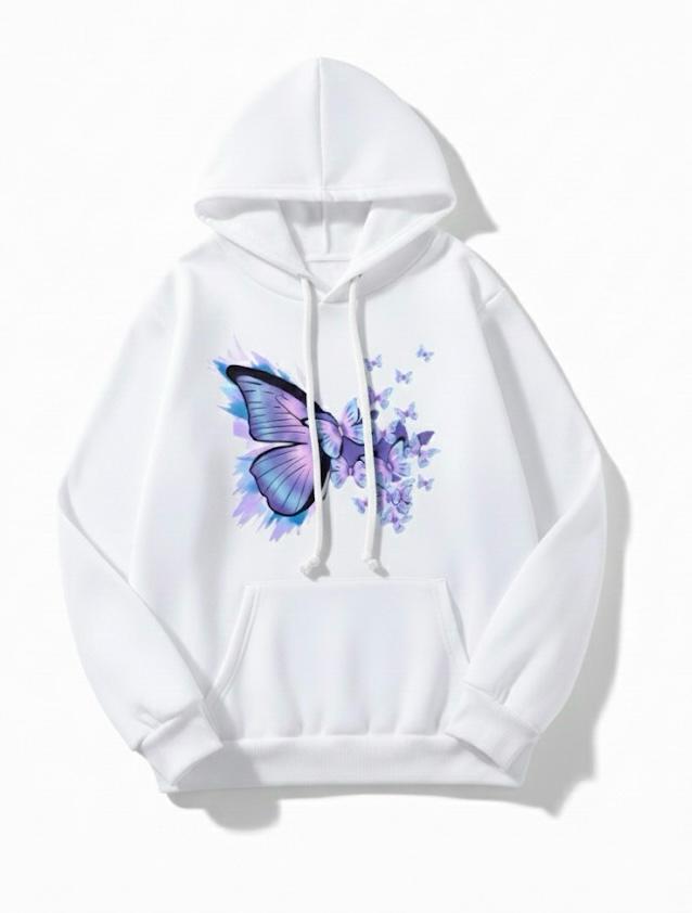 Aesthetic Butterfly Print White Hoodie - Premium Fit For Women