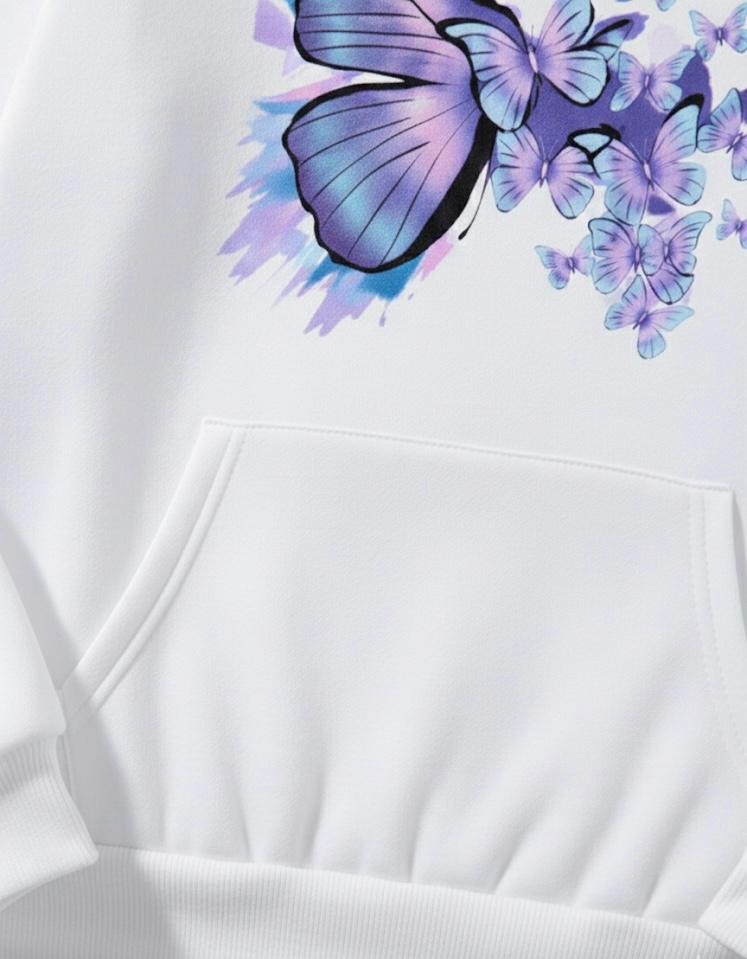 Aesthetic Butterfly Print White Hoodie - Premium Fit For Women