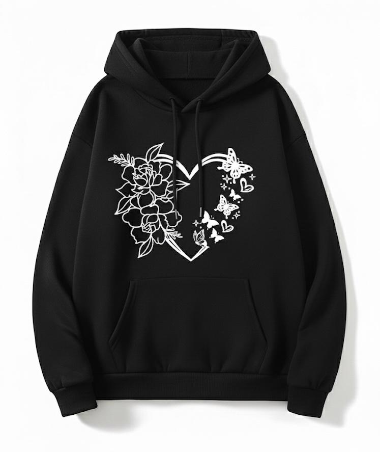 Heart & Floral Butterfly Outline Graphic Hoodie - For Women