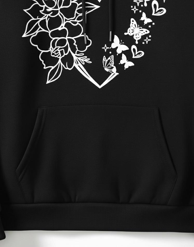 Heart & Floral Butterfly Outline Graphic Hoodie - For Women