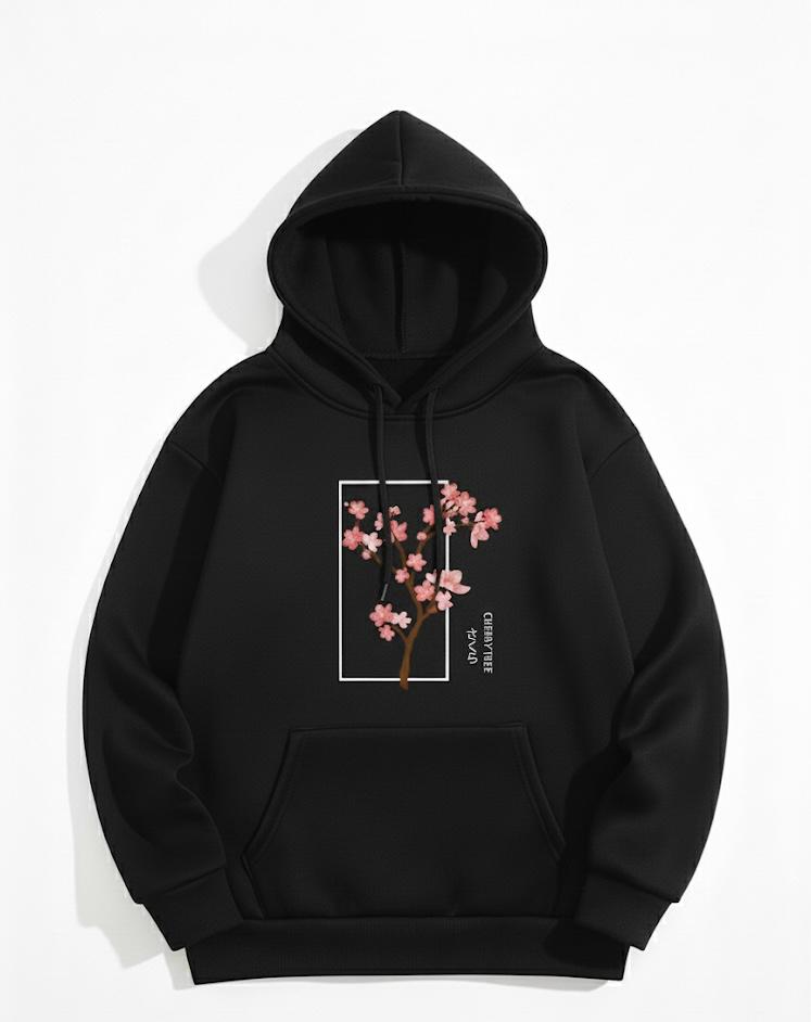 Aesthetic Cherry Tree Print Black Hoodie For Women