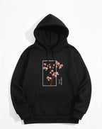 Aesthetic Cherry Tree Print Black Hoodie For Women