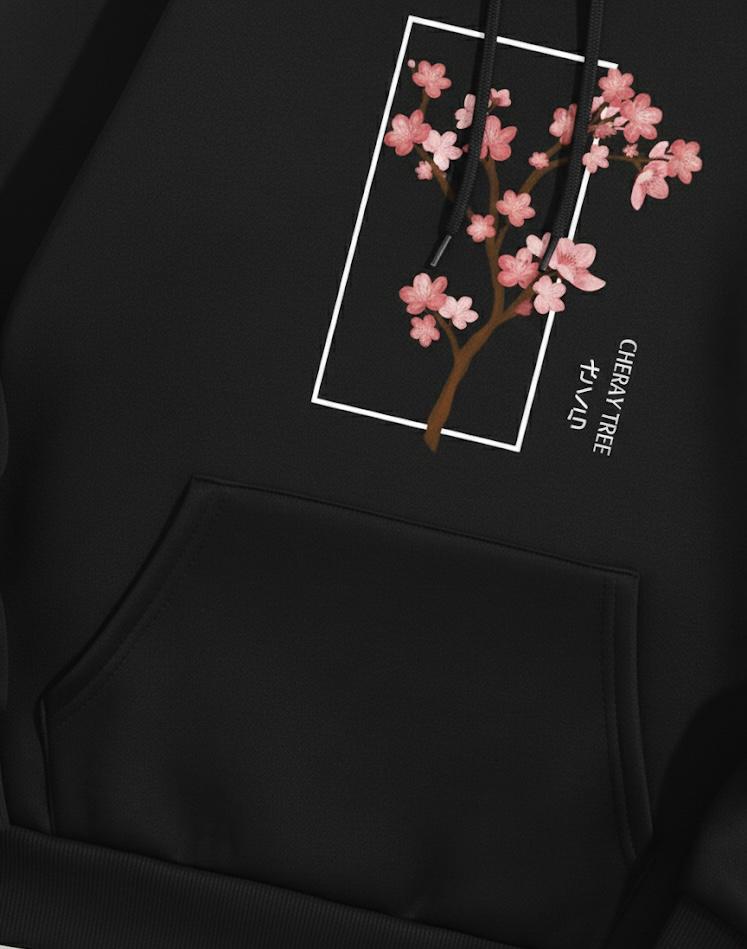 Aesthetic Cherry Tree Print Black Hoodie For Women