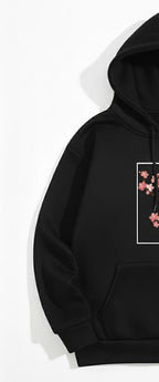 Aesthetic Cherry Tree Print Black Hoodie For Women