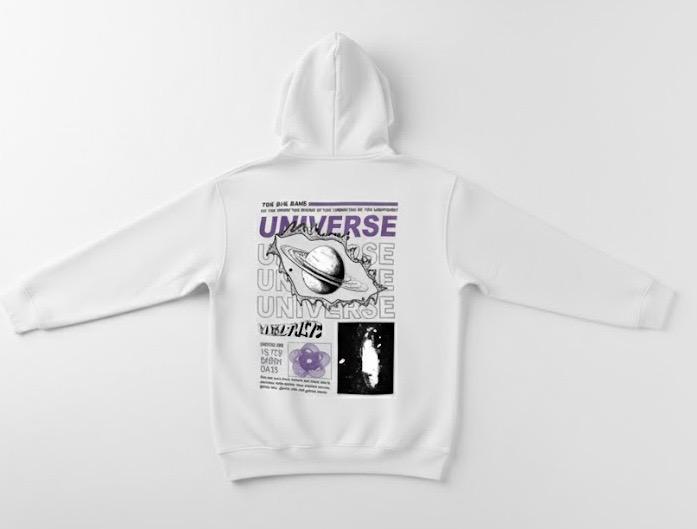 White Hoodie Universe Orbit printed -premium fit