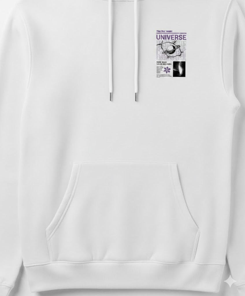 White Hoodie Universe Orbit printed -premium fit