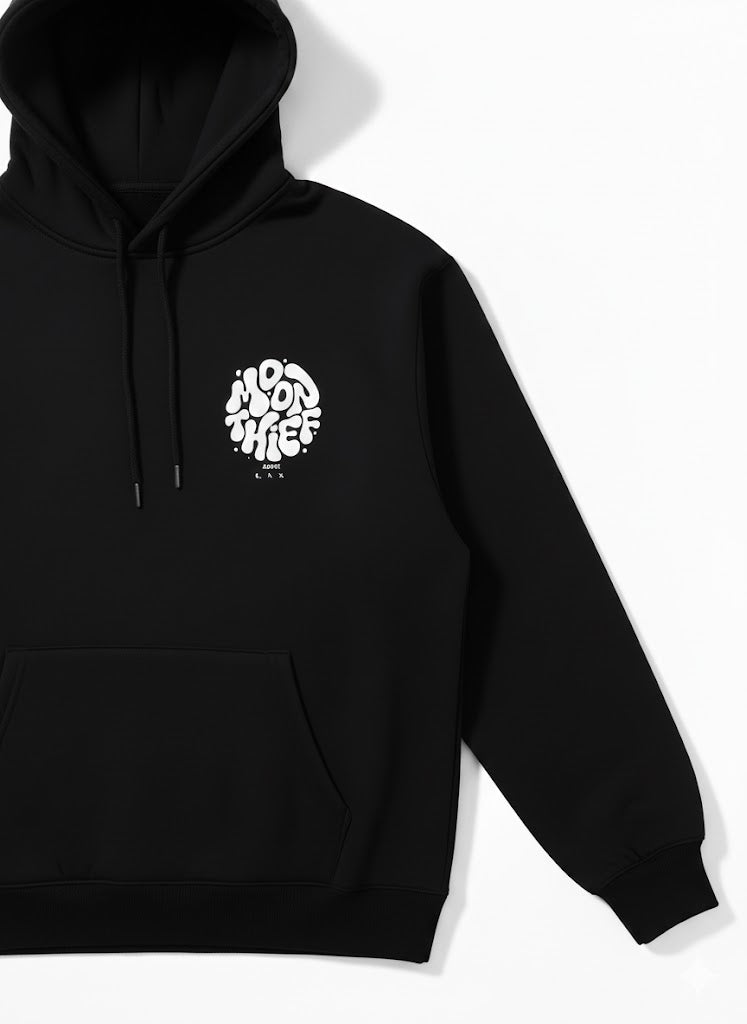 Black Hoodie Moon Thief Print - premium fit